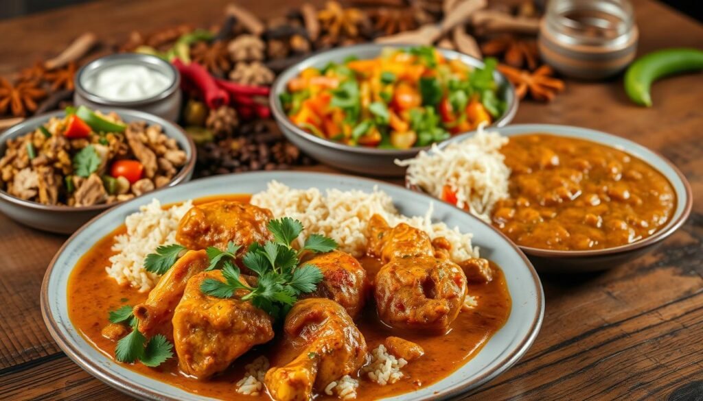 High-protein Indian dishes, beautifully plated and arranged on a rustic wooden table. In the foreground, a traditional curry with tender chicken, garnished with fresh cilantro and a sprinkle of aromatic spices. Alongside, a bed of fragrant basmati rice and a side of lentil dhal, its rich, creamy texture accentuated by the warm tones of turmeric. In the middle ground, a vibrant salad of crisp vegetables, dressed in a tangy yogurt-based dressing. The background features an array of whole spices, their vibrant colors and textures creating a captivating visual harmony. The lighting is warm and natural, casting gentle shadows and highlighting the depth of flavor in each dish. Captured with a wide-angle lens to showcase the full spread, this image evokes the essence of hearty, nutritious Indian cuisine. High-protein Indian dishes, beautifully plated and arranged on a rustic wooden table. In the foreground, a traditional curry with tender chicken, garnished with fresh cilantro and a sprinkle of aromatic spices. Alongside, a bed of fragrant basmati rice and a side of lentil dhal, its rich, creamy texture accentuated by the warm tones of turmeric. In the middle ground, a vibrant salad of crisp vegetables, dressed in a tangy yogurt-based dressing. The background features an array of whole spices, their vibrant colors and textures creating a captivating visual harmony. The lighting is warm and natural, casting gentle shadows and highlighting the depth of flavor in each dish. Captured with a wide-angle lens to showcase the full spread, this image evokes the essence of hearty, nutritious Indian cuisine.
