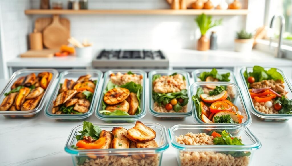 High-quality, professionally styled photo of various chicken lunch meal prep ideas, shot in a bright, airy kitchen with natural lighting. In the foreground, see a selection of meal prep containers filled with grilled chicken, roasted vegetables, brown rice, and fresh greens. In the middle ground, additional containers with chicken salad, chicken wraps, and chicken Caesar salad. In the background, a countertop with chopped ingredients, spices, and kitchen tools. The overall look is clean, healthy, and visually appealing, conveying the ease and practicality of preparing flavorful chicken-based lunches in advance.