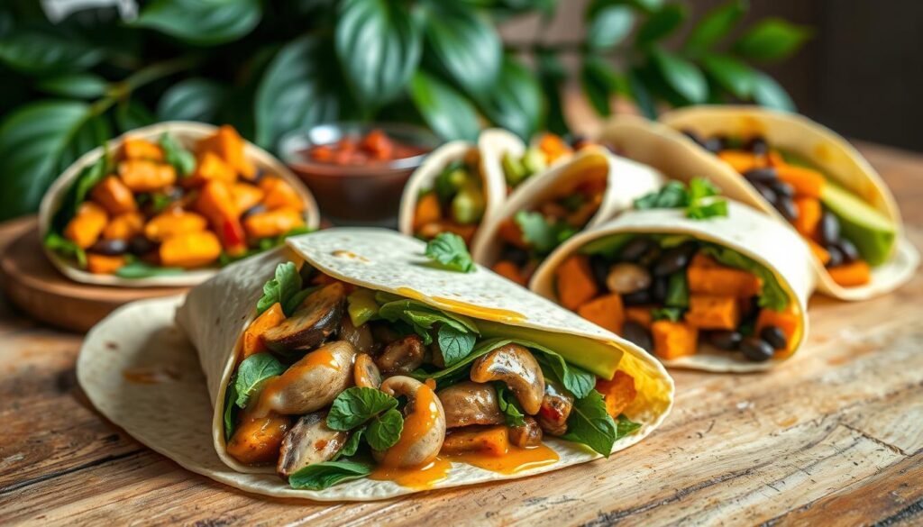 High-resolution, detailed photograph of an assortment of savory vegetarian breakfast wraps, laid out on a rustic wooden table. In the foreground, a colorful wrap filled with sautéed mushrooms, bell peppers, spinach, and a creamy plant-based spread, drizzled with a tangy sauce. In the middle ground, additional wraps stuffed with roasted sweet potatoes, black beans, avocado, and fresh herbs, accompanied by a small bowl of salsa. The background features a lush, green leafy plant, casting a soft, natural light on the scene. The overall composition is balanced, with a warm, earthy tone that evokes a comforting, nourishing breakfast experience. High-resolution, detailed photograph of an assortment of savory vegetarian breakfast wraps, laid out on a rustic wooden table. In the foreground, a colorful wrap filled with sautéed mushrooms, bell peppers, spinach, and a creamy plant-based spread, drizzled with a tangy sauce. In the middle ground, additional wraps stuffed with roasted sweet potatoes, black beans, avocado, and fresh herbs, accompanied by a small bowl of salsa. The background features a lush, green leafy plant, casting a soft, natural light on the scene. The overall composition is balanced, with a warm, earthy tone that evokes a comforting, nourishing breakfast experience.
