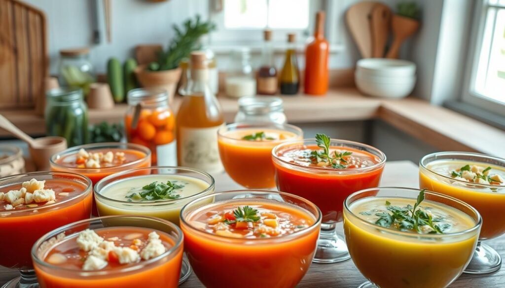 High-resolution photograph of a variety of gazpacho soup recipes, showcasing different variations and ingredients. Prominent in the foreground are several glass bowls filled with vibrant, chilled gazpacho soups in shades of red, green, and yellow. Garnishes such as croutons, diced vegetables, and fresh herbs add texture and color. The middle ground features jars and bottles of additional gazpacho ingredients, including tomatoes, cucumbers, olive oil, and vinegar. The background has a rustic, minimalist kitchen setting with wooden surfaces, simple kitchen tools, and a bright, airy ambiance created by natural lighting from a window. The overall mood is one of simplicity, freshness, and the celebration of summer produce.