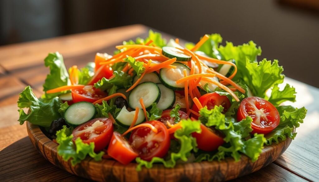 High-resolution photograph of a wooden table with a freshly prepared salad, featuring a variety of vibrant ingredients including crisp lettuce, sliced tomatoes, cucumber spears, shredded carrots, and a drizzle of light vinaigrette dressing. The salad is arranged in an appealing and appetizing manner, with the colors and textures creating a visually striking composition. The lighting is soft and natural, casting a warm glow on the scene. The background is slightly blurred, keeping the focus on the delectable salad. The overall mood is one of simplicity, freshness, and culinary delight.