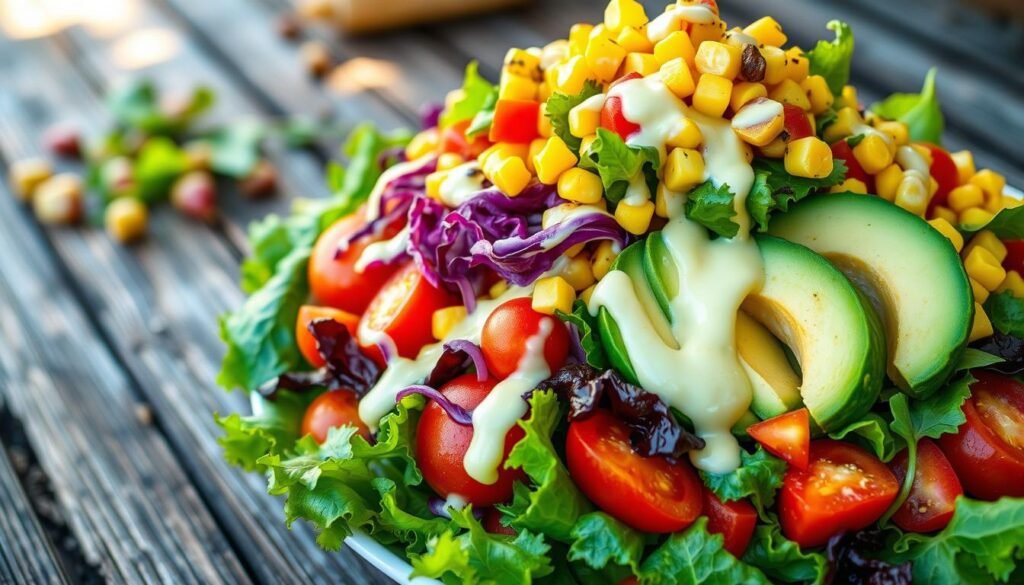 Layered summer salads, a feast for the senses. In the foreground, vibrant greens, crisp vegetables, and juicy fruits arranged in a visually striking pattern. Cascading from the center, a rainbow of colors - ruby tomatoes, golden corn, deep purple cabbage, and emerald avocado slices. The middle ground features a creamy, tangy dressing drizzled over the salad, glistening in the warm, golden light. In the background, a rustic wooden table, its weathered surface complementing the fresh, organic ingredients. Soft shadows and highlights create depth and dimension, inviting the viewer to dive into this perfectly balanced, nourishing summer masterpiece. Captured with a wide-angle lens, the salad fills the frame, emphasizing its central role in this bountiful, al fresco scene. Layered summer salads, a feast for the senses. In the foreground, vibrant greens, crisp vegetables, and juicy fruits arranged in a visually striking pattern. Cascading from the center, a rainbow of colors - ruby tomatoes, golden corn, deep purple cabbage, and emerald avocado slices. The middle ground features a creamy, tangy dressing drizzled over the salad, glistening in the warm, golden light. In the background, a rustic wooden table, its weathered surface complementing the fresh, organic ingredients. Soft shadows and highlights create depth and dimension, inviting the viewer to dive into this perfectly balanced, nourishing summer masterpiece. Captured with a wide-angle lens, the salad fills the frame, emphasizing its central role in this bountiful, al fresco scene.