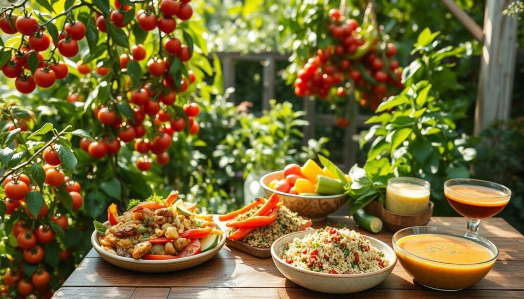Lush, sun-dappled summer garden bursting with fresh vegetables - ripe tomatoes, crisp cucumbers, vibrant bell peppers, and fragrant herbs. Wooden table in the foreground laden with colorful, plant-based dishes - a hearty vegetable stir-fry, a refreshing quinoa salad, and a creamy avocado gazpacho. Soft, natural lighting filters through the leaves, casting a warm, inviting glow. The scene exudes a sense of abundance, health, and the simple pleasures of a nourishing, meat-free summer supper.