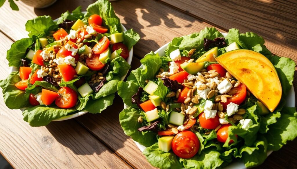 Lush, verdant summer dinner salads bursting with fresh, vibrant vegetables arranged artfully on a wooden table. Crisp romaine, tender baby spinach, and crunchy mixed greens form the base, topped with juicy tomatoes, sliced cucumbers, colorful bell peppers, and ripe avocado slices. Sprinkled throughout are toasted sunflower seeds and crumbled feta cheese, complemented by a drizzle of light, zesty vinaigrette. Soft, diffused lighting from the side casts a warm, inviting glow, creating a sense of casual, al fresco elegance. The overall composition conveys a wholesome, nourishing, and visually appealing summer meal. Lush, verdant summer dinner salads bursting with fresh, vibrant vegetables arranged artfully on a wooden table. Crisp romaine, tender baby spinach, and crunchy mixed greens form the base, topped with juicy tomatoes, sliced cucumbers, colorful bell peppers, and ripe avocado slices. Sprinkled throughout are toasted sunflower seeds and crumbled feta cheese, complemented by a drizzle of light, zesty vinaigrette. Soft, diffused lighting from the side casts a warm, inviting glow, creating a sense of casual, al fresco elegance. The overall composition conveys a wholesome, nourishing, and visually appealing summer meal.