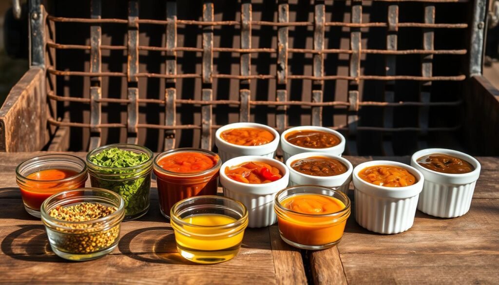 Marinades and BBQ sauces for grilling, arranged artfully on a rustic wooden table. In the foreground, a variety of marinades in small glass bowls - herbs, spices, and aromatic oils. In the middle ground, a selection of homemade BBQ sauces in ceramic ramekins, each with a distinct color and texture. The background features a weathered grill grate, casting dramatic shadows and evoking the essence of outdoor cooking. Soft, natural lighting illuminates the scene, creating a warm, inviting atmosphere. The overall composition suggests the delicious flavors and aromas of summer grilling.