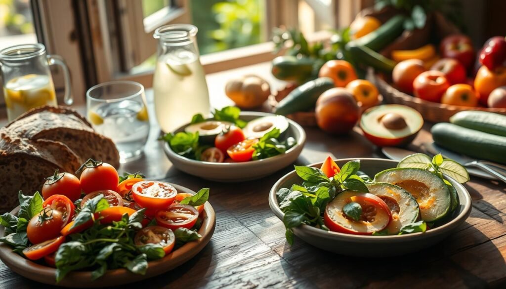 Midday sunlight filters through an open window, illuminating a rustic wooden table laden with a mouthwatering summer lunch spread. In the foreground, a platter showcases vibrant heirloom tomatoes, crisp greens, and fragrant basil leaves, inviting the viewer to savor the fresh flavors. Alongside, a crusty artisanal loaf and a pitcher of chilled lemonade evoke the casual, convivial atmosphere of a leisurely midday meal. In the middle ground, a simple ceramic dish holds slices of creamy avocado, drizzled with a zesty citrus vinaigrette. The background features an array of seasonal produce - juicy peaches, vibrant bell peppers, and crisp cucumbers - hinting at the abundance of summer's bounty. The overall scene exudes a sense of effortless elegance and the simple pleasures of al fresco dining.