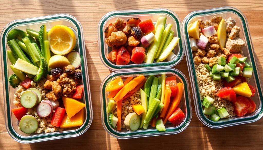 Neatly arranged summer meal prep containers filled with colorful, fresh ingredients. A vibrant array of sliced vegetables, fruits, grains, and lean proteins laid out on a wooden surface bathed in soft, natural light. The containers have a modern, minimalist design with airtight lids, showcasing the healthy, easy-to-grab meals. The overall scene exudes a sense of simplicity, organization, and a breezy, summertime vibe, capturing the essence of make-ahead, effortless meal prepping.