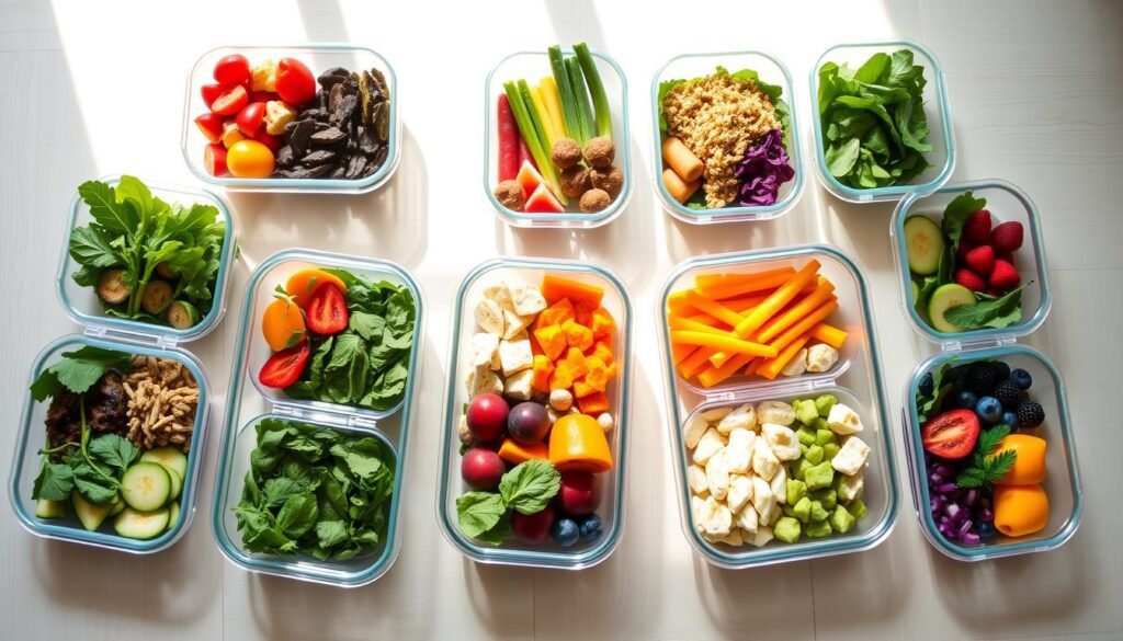Neatly arranged vegan meal prep containers on a light wooden table, filled with a variety of fresh, colorful summer ingredients - leafy greens, crisp vegetables, juicy fruits, and plant-based proteins. Soft, natural lighting illuminates the scene, casting gentle shadows and highlighting the vibrant hues. The containers are positioned in a visually appealing, symmetrical layout, conveying a sense of organization and thoughtfulness. The overall mood is one of simplicity, healthfulness, and the vibrant essence of summer, inviting the viewer to envision easy, satisfying vegan meal solutions.