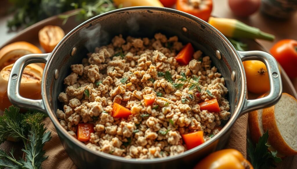 One pot of simmering ground turkey, fragrant with herbs and spices, surrounded by an array of tender vegetables. A cozy, homestyle scene bathed in warm, natural lighting, captured through a wide-angle lens. The savory aroma wafts through the air, inviting you to gather around the table and indulge in a comforting, one-dish meal. Hearty, wholesome, and brimming with flavor, this image perfectly encapsulates the essence of "Ground Turkey in One-Pot Meals."