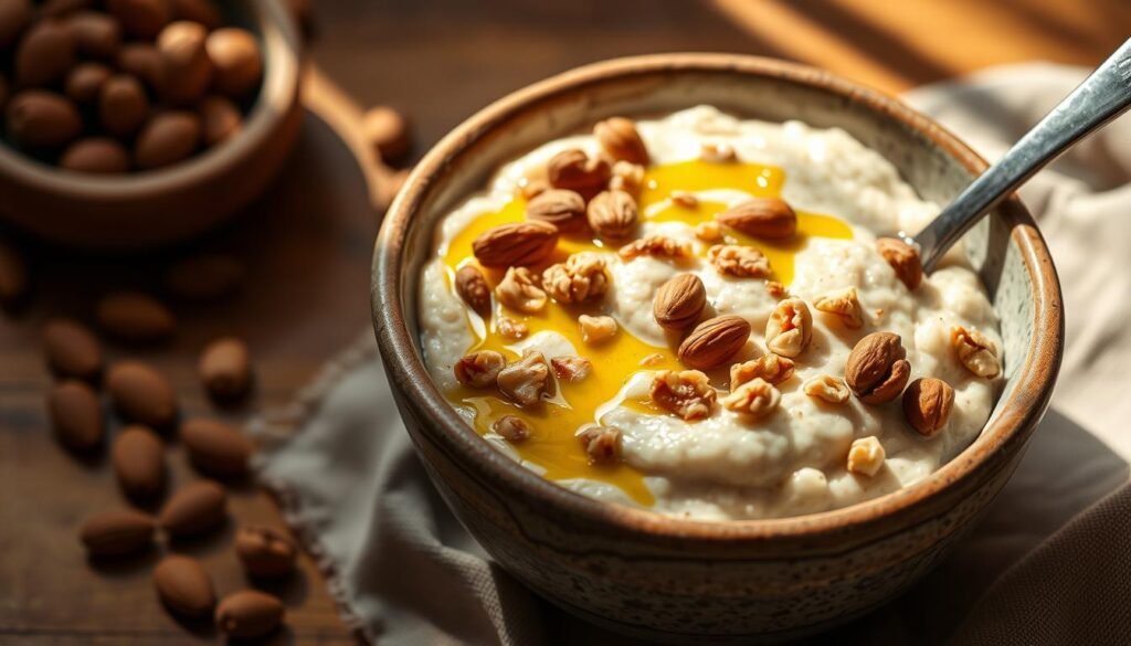 Overnight oats with olive oil, walnuts, and almonds, served in a rustic ceramic bowl. Soft, creamy oats drizzled with golden olive oil, topped with a scattering of crunchy nuts. Warm, natural lighting casts a soft glow, highlighting the earthy tones and textures. The scene is simple yet inviting, capturing the essence of a quick, nourishing Mediterranean breakfast. A subtle, soothing atmosphere evokes feelings of contentment and energy for the day ahead.