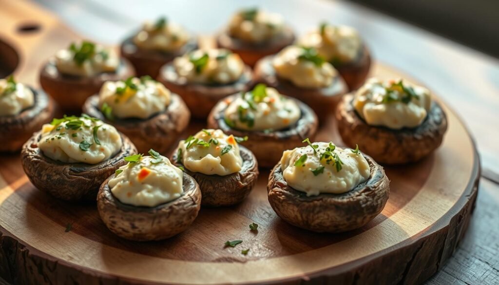 Plump, juicy mushroom caps filled with a rich, creamy cheese mixture, garnished with a sprinkling of fresh herbs. Captured in soft, natural lighting that casts a warm, inviting glow, highlighting the delicate texture and enticing aroma. The mushrooms are arranged artfully on a rustic wooden board, creating a visually appealing and appetizing display perfect for a casual gathering or holiday spread.