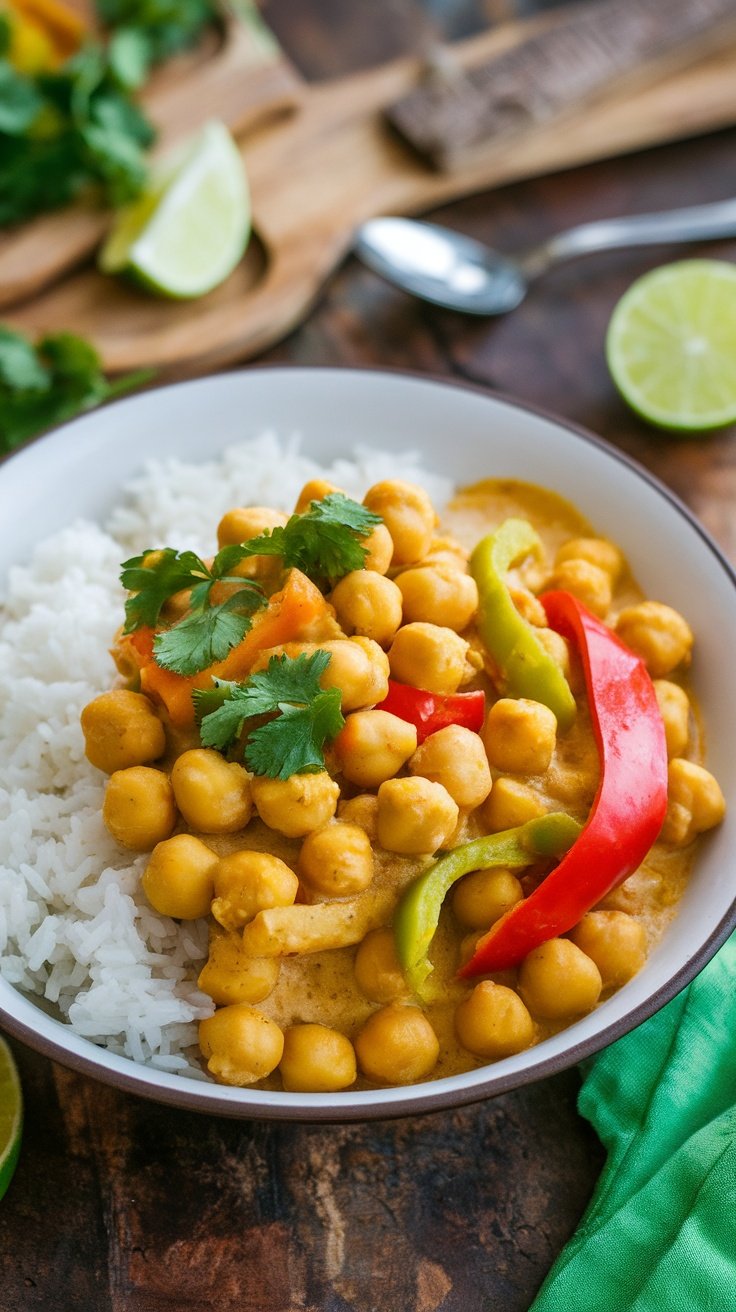 Easy Jamaican Vegan Curry Chickpeas Recipe A bowl of Jamaican vegan curry chickpeas with coconut milk, served over rice and garnished with cilantro.