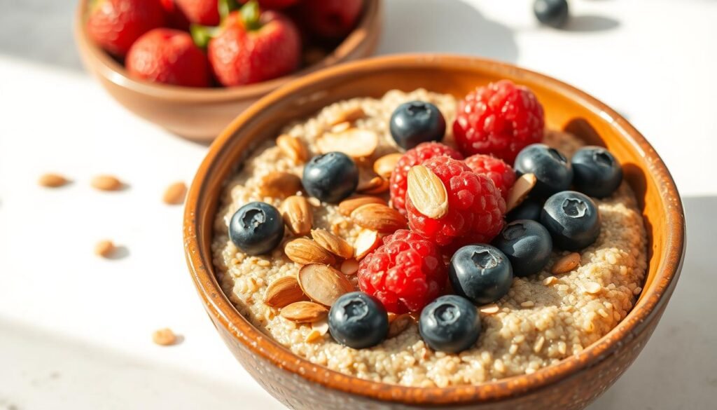 Quinoa porridge with toasted almonds, fresh raspberries, and blueberries, artfully arranged in a rustic ceramic bowl. Soft, creamy quinoa with a nutty aroma, topped with crunchy almonds and juicy, vibrant berries. Warm, natural lighting casts a cozy glow, highlighting the earthy tones and textures. The composition is balanced and visually appealing, capturing the wholesome and nourishing essence of a Mediterranean-inspired breakfast. Captured with a wide-angle lens to showcase the dish in its full glory, against a simple, minimalist background that allows the food to be the star.