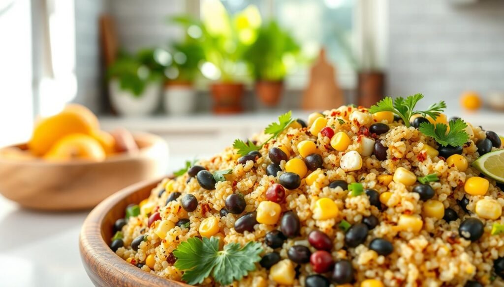 Quinoa salad with black beans and corn, a vibrant medley of flavors and textures. In the foreground, a generous portion of fluffy quinoa, dotted with tender black beans and kernels of sweet corn. The salad is dressed in a zesty lime vinaigrette, garnished with fresh cilantro sprigs and a sprinkle of crushed red pepper flakes. The middle ground features the salad served in a rustic wooden bowl, with a backdrop of a bright, airy kitchen with white subway tiles and a window overlooking a lush, verdant garden. The lighting is soft and natural, casting a warm, golden glow over the entire scene, capturing the essence of a nourishing and wholesome Mexican-inspired dish. Quinoa salad with black beans and corn, a vibrant medley of flavors and textures. In the foreground, a generous portion of fluffy quinoa, dotted with tender black beans and kernels of sweet corn. The salad is dressed in a zesty lime vinaigrette, garnished with fresh cilantro sprigs and a sprinkle of crushed red pepper flakes. The middle ground features the salad served in a rustic wooden bowl, with a backdrop of a bright, airy kitchen with white subway tiles and a window overlooking a lush, verdant garden. The lighting is soft and natural, casting a warm, golden glow over the entire scene, capturing the essence of a nourishing and wholesome Mexican-inspired dish.