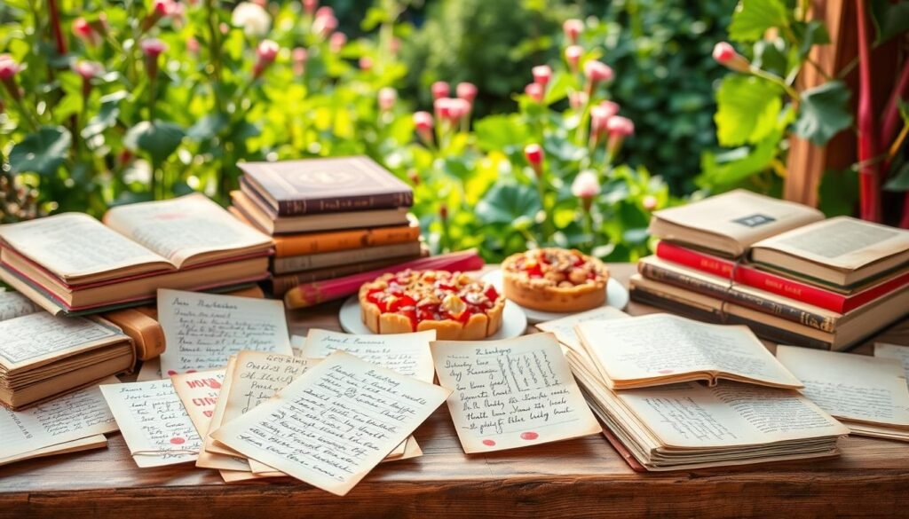Rhubarb recipe collection, displayed on a rustic wooden table, illuminated by warm, natural lighting. In the foreground, an assortment of handwritten recipe cards, stained with the juices of rhubarb dishes past. Surrounding them, an eclectic mix of vintage cookbooks, their pages dog-eared and worn, each holding the secrets to perfecting rhubarb's tart and tangy flavors. In the middle ground, a collection of rhubarb-based treats, from a delicate rhubarb tart to a bubbling rhubarb crumble, each beckoning to be savored. The background features a lush, verdant garden, the source of the rhubarb's vibrant crimson stalks, hinting at the boundless possibilities for culinary exploration.