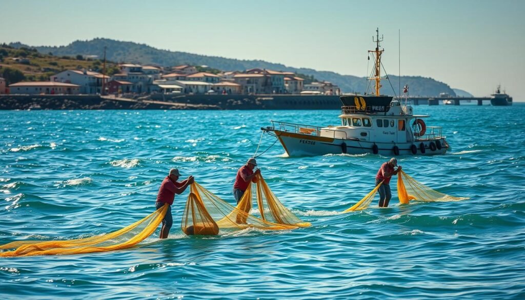 Serene coastal scene, sunlight glimmering on azure waves. In the foreground, fishermen methodically hauling in nets, preserving the delicate marine ecosystem. Midground, a well-maintained fishing vessel, its hull adorned with eco-friendly design elements. In the background, a picturesque harbor, bustling with activity yet harmoniously integrated with the natural landscape. Emphasis on sustainable practices, from selective fishing techniques to responsible waste management. Warm, golden lighting illuminates the scene, creating a sense of tranquility and environmental stewardship. Overall, a balanced, visually striking depiction of modern, eco-conscious fishing.