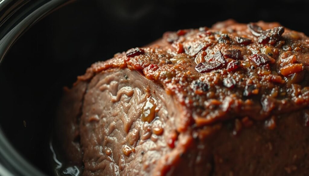 Slow cooker roast beef, close-up view, crisp and golden-brown exterior, juicy and tender interior, set against a backdrop of rich, savory gravy. Dramatic side lighting illuminates the textured surface, accentuating the caramelized edges. Camera angle slightly elevated, capturing the depth and complexity of the dish. Muted color palette, earthy tones, evokes a rustic, homemade atmosphere. Hints of steam or condensation suggest the long, slow cooking process. Shallow depth of field, focus drawn to the main subject, minimizing distractions. Convey a sense of mastery and expertise in slow cooking techniques.