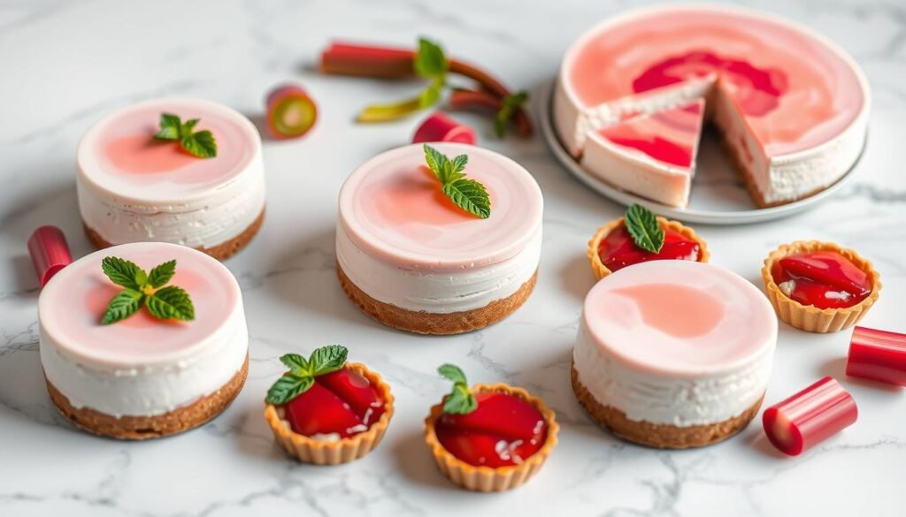 Sophisticated Cheesecakes and Tarts: A Harmonious Interplay of Elegance and Flavor A sumptuous display of exquisitely crafted rhubarb-infused cheesecakes and tarts, artfully arranged on a pristine marble surface. The cakes feature a delicate pink hue, with a silky smooth texture and a subtle tart flavor that tantalizes the palate. Surrounding them, delicate rhubarb tarts with flaky, golden-brown crusts and a vibrant crimson filling, garnished with fresh sprigs of mint for a refreshing contrast. Soft, diffused lighting casts a warm, inviting glow, accentuating the intricate details and creating an atmosphere of refined elegance. The composition is balanced and visually appealing, showcasing the versatility and sophistication of these rhubarb-inspired desserts. Sophisticated Cheesecakes and Tarts: A Harmonious Interplay of Elegance and Flavor A sumptuous display of exquisitely crafted rhubarb-infused cheesecakes and tarts, artfully arranged on a pristine marble surface. The cakes feature a delicate pink hue, with a silky smooth texture and a subtle tart flavor that tantalizes the palate. Surrounding them, delicate rhubarb tarts with flaky, golden-brown crusts and a vibrant crimson filling, garnished with fresh sprigs of mint for a refreshing contrast. Soft, diffused lighting casts a warm, inviting glow, accentuating the intricate details and creating an atmosphere of refined elegance. The composition is balanced and visually appealing, showcasing the versatility and sophistication of these rhubarb-inspired desserts.