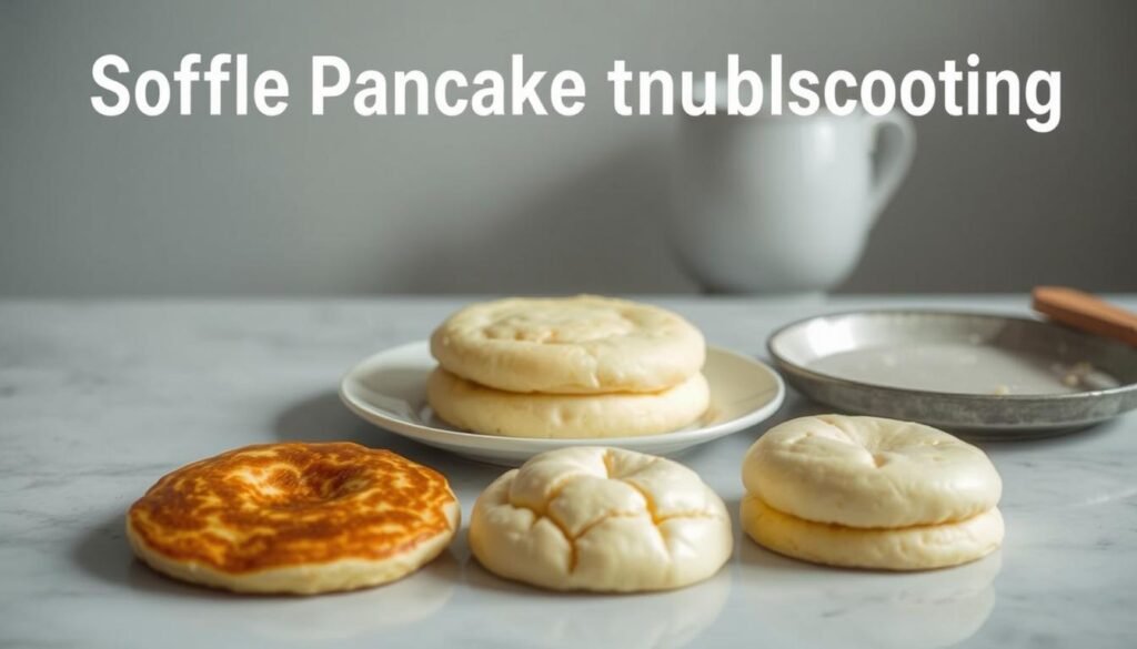 Souffle pancake troubleshooting: A meticulously crafted Japanese pancake, its golden-brown exterior puffed to perfection, sits atop a plate, alongside various common baking issues. In the foreground, a fallen, dense pancake and a cracked, uneven one illustrate potential pitfalls. In the middle ground, a well-risen, light and fluffy pancake shines, showcased under soft, diffused lighting. The background features a muted, minimalist kitchen setting, allowing the pancakes to take center stage. The overall scene conveys a sense of culinary exploration, guiding the viewer through the process of achieving the ideal souffle pancake.