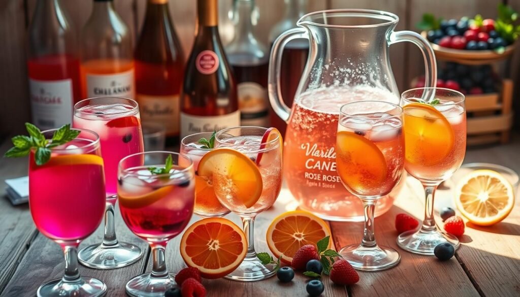 Sparkling sangria variations with rosé wine, artfully arranged on a rustic wooden table. In the foreground, a collection of stemmed glasses filled with vibrant pink and orange hues, complemented by fresh citrus slices and sprigs of mint. The middle ground features a half-filled carafe of effervescent rosé sangria, its bubbles dancing in the warm, natural light. In the background, an assortment of sangria ingredients, including bottles of rosé, brandy, and fresh berries, create a visually appealing and inviting scene. The overall mood is one of refreshing summertime indulgence, with a soft, diffused lighting that enhances the sparkling, jewel-toned colors of the drinks. Sparkling sangria variations with rosé wine, artfully arranged on a rustic wooden table. In the foreground, a collection of stemmed glasses filled with vibrant pink and orange hues, complemented by fresh citrus slices and sprigs of mint. The middle ground features a half-filled carafe of effervescent rosé sangria, its bubbles dancing in the warm, natural light. In the background, an assortment of sangria ingredients, including bottles of rosé, brandy, and fresh berries, create a visually appealing and inviting scene. The overall mood is one of refreshing summertime indulgence, with a soft, diffused lighting that enhances the sparkling, jewel-toned colors of the drinks.