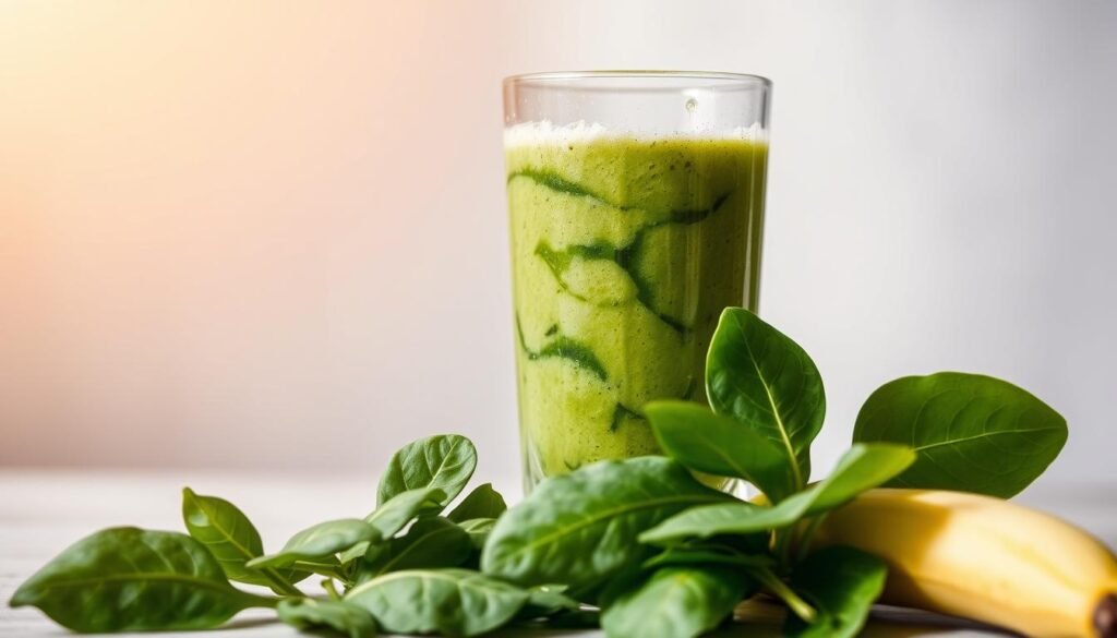 Spinach and Banana Smoothie: a vibrant green concoction swirling with fresh spinach, ripe bananas, and a touch of creamy yogurt. Backlit by warm natural light, the smoothie is captured in a clean glass tumbler, its frothy surface glistening. In the foreground, a handful of vibrant spinach leaves and a peeled banana add textural interest, while the background features a neutral, minimalist setting, allowing the healthy, nourishing beverage to take center stage. The overall mood is one of wellness, vitality, and a Mediterranean-inspired embrace of simple, wholesome ingredients.