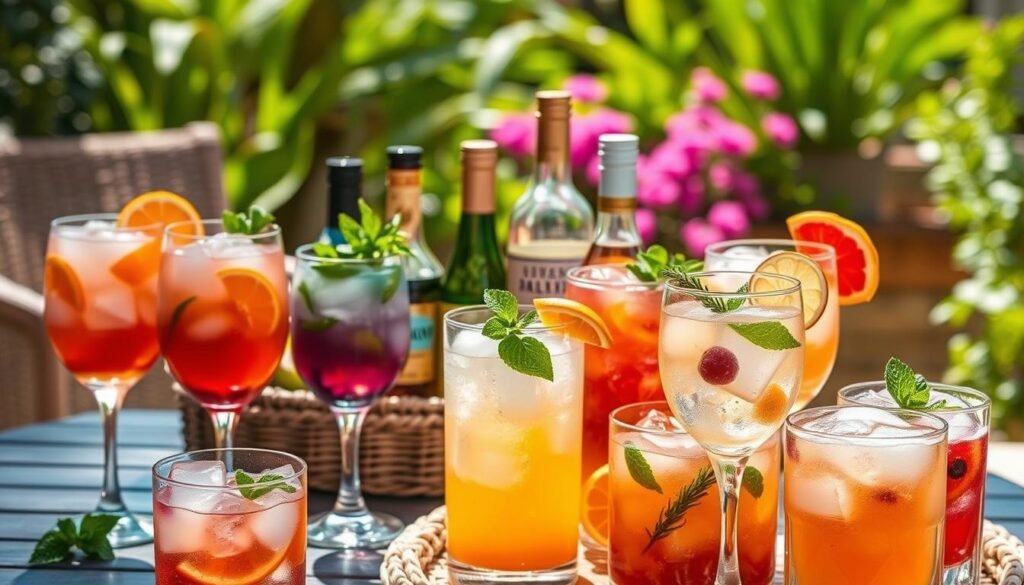 Summer refreshing drinks alcohol recipes featuring a selection of colorful cocktails with fresh fruit and herbs, set against a backdrop of a warm, sun-drenched outdoor setting. The foreground showcases an array of glasses filled with chilled, ice-cubed beverages, garnished with vibrant citrus slices, mint sprigs, and other seasonal embellishments. In the middle ground, a wicker serving tray holds a variety of aperitifs, cordials, and mixers, while the background features a lush, verdant garden or patio, with a gentle breeze rustling the foliage. Soft, natural lighting creates a serene, inviting atmosphere, complementing the refreshing and rejuvenating mood of the scene.