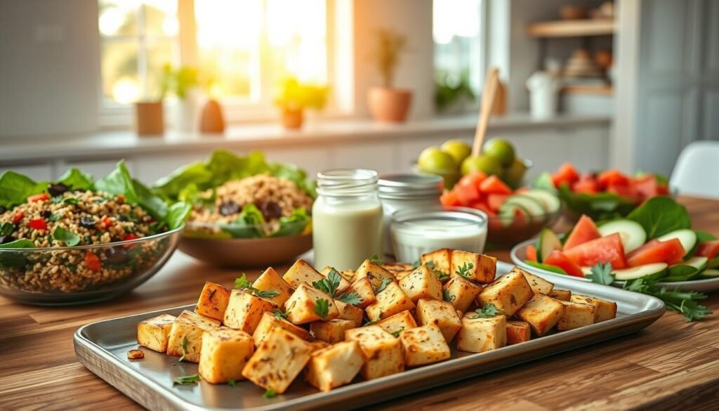 Tofu summer recipes meal prep: A vibrant, fresh arrangement of colorful vegetarian dishes on a wooden table. In the foreground, a platter of marinated tofu cubes, grilled to perfection and garnished with fresh herbs. Surrounding it, an array of nourishing salads - a quinoa tabouleh, a crisp kale and roasted beet salad, and a refreshing cucumber and watermelon salad. In the middle ground, glass jars filled with creamy avocado dip and tangy yogurt-based dressings. The background features a minimalist kitchen setting, with light streaming in through large windows, casting a warm, golden glow over the scene. The overall mood is one of simple, wholesome abundance - a celebration of the season's bounty, perfect for make-ahead vegetarian summer meal prep.