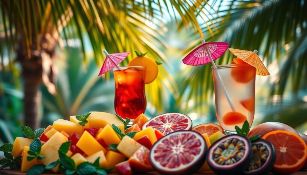 Tropical fruit cocktails with rum and vodka, set against a lush, vibrant backdrop. In the foreground, a tantalizing arrangement of freshly sliced pineapple, mango, and passionfruit, garnished with vibrant citrus wedges and sprigs of mint. The middle ground features two inviting cocktail glasses, one filled with a deep crimson rum-based concoction, the other a translucent vodka-infused elixir, both adorned with colorful paper umbrellas. Overhead, a warm, golden light filters through swaying palm fronds, casting a soft, dreamy glow over the scene. The overall atmosphere evokes the carefree spirit of a sun-drenched island paradise, perfect for sipping and savoring on a warm summer day.