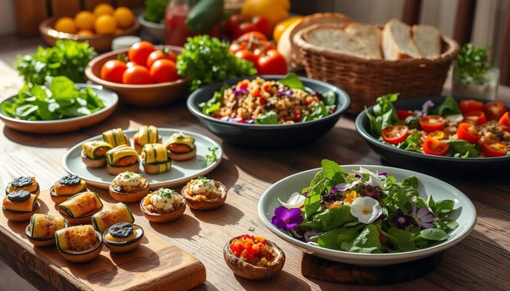 Vegetarian entertaining dishes set on a rustic wooden table, with a bright, natural lighting illuminating the scene. In the foreground, an assortment of colorful vegetable-based appetizers, such as grilled zucchini rolls, roasted beet and goat cheese canapés, and stuffed mushroom caps. In the middle ground, a selection of refreshing summer salads, including a vibrant quinoa tabbouleh and a crisp mixed green salad with edible flowers. The background features a vibrant array of seasonal produce, including fresh herbs, ripe tomatoes, and a selection of artisanal breads. The overall atmosphere is one of casual elegance, inviting guests to indulge in a delightful vegetarian summer menu.