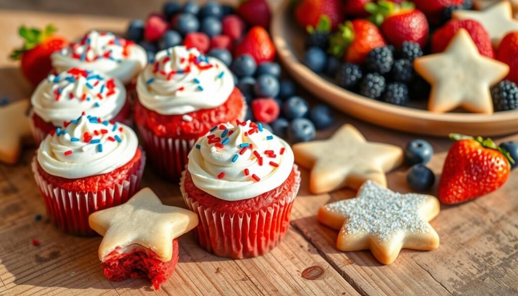 Vibrant 4th of July desserts, artfully arranged on a rustic wooden table. A centerpiece of gluten-free red velvet cupcakes, their moist crumb topped with fluffy cream cheese frosting, adorned with patriotic sprinkles. Surrounding them, a display of star-shaped gluten-free sugar cookies, their crisp edges dusted with edible glitter. In the background, a platter of fresh berries - juicy blueberries, tart raspberries, and ripe strawberries - creating a captivating color palette. Natural lighting casts a warm glow, highlighting the enticing textures and inviting the viewer to indulge. An atmosphere of celebration and inclusive delight.