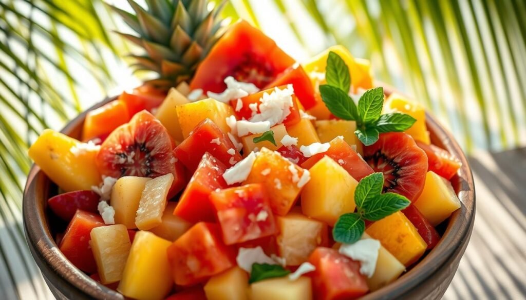 Vibrant Caribbean fruit salad, overflowing with a kaleidoscope of tropical flavors. Freshly sliced pineapple, mango, papaya, and guava arranged in a wooden bowl, illuminated by soft natural light filtering through swaying palm fronds. Juicy red and orange segments of citrus fruits add a tangy burst, complemented by the creamy sweetness of coconut shreds. Mint leaves and a drizzle of local honey finish the refreshing composition, evoking the warm, laid-back atmosphere of a Caribbean beach.