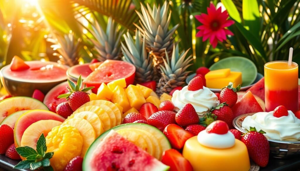 Vibrant Mexican summer desserts overflowing with fresh, juicy fruits. A colorful arrangement of sliced watermelon, pineapple, mango, and strawberries, glistening under warm, golden sunlight. Complemented by traditional treats like creamy, chilled flan and refreshing paletas in vibrant hues. The scene is framed by lush, tropical foliage, evoking the lively, festive atmosphere of a Mexican summer. Captured with a wide-angle lens to showcase the abundance and diversity of these delectable delights.