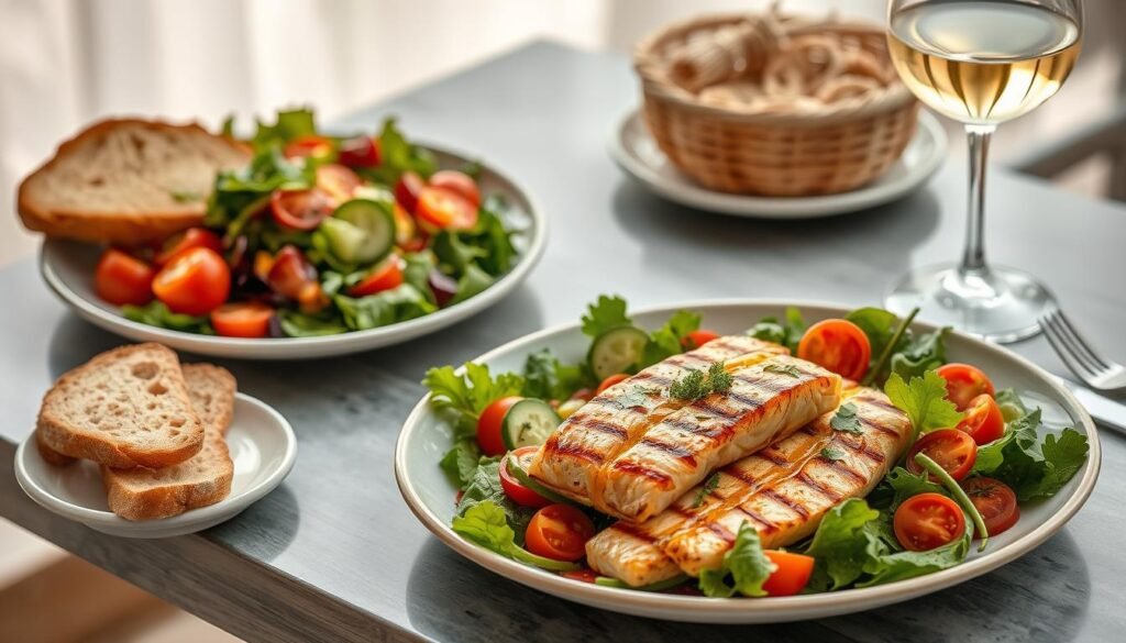 Vibrant and appetizing main dishes, meticulously arranged on a modern, minimalist table. Succulent grilled salmon filets paired with a fresh, colorful salad of mixed greens, juicy tomatoes, and crisp cucumbers. Aromatic herbs and a drizzle of zesty vinaigrette adorn the plate, creating a visually stunning and mouthwatering display. Warm, crusty bread and a glass of chilled white wine complete the inviting scene, set against a softly-lit, airy backdrop that evokes a sense of summer elegance and culinary innovation.