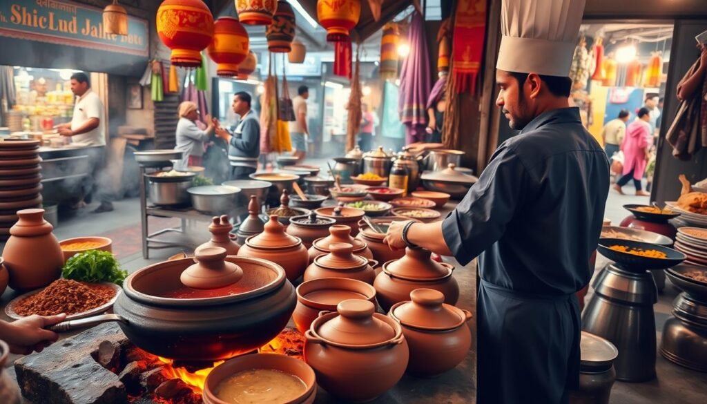 Vibrant and dynamic scene showcasing the diverse cooking methods integral to Indian cuisine. In the foreground, a skilled chef deftly handling traditional clay cookware over a wood-fired stove, the flames flickering against the smooth terracotta. In the middle ground, a bustling kitchen with an array of spices, herbs, and fresh produce, complemented by the rhythmic sounds of sizzling curries and the fragrant aromas wafting through the air. In the background, a glimpse of the bustling streets of an authentic Indian market, with colorful textiles, intricate architectural details, and the energy of a thriving cultural hub. Warm lighting illuminates the scene, capturing the essence of time-honored culinary practices and the rich heritage of Indian cooking. Vibrant and dynamic scene showcasing the diverse cooking methods integral to Indian cuisine. In the foreground, a skilled chef deftly handling traditional clay cookware over a wood-fired stove, the flames flickering against the smooth terracotta. In the middle ground, a bustling kitchen with an array of spices, herbs, and fresh produce, complemented by the rhythmic sounds of sizzling curries and the fragrant aromas wafting through the air. In the background, a glimpse of the bustling streets of an authentic Indian market, with colorful textiles, intricate architectural details, and the energy of a thriving cultural hub. Warm lighting illuminates the scene, capturing the essence of time-honored culinary practices and the rich heritage of Indian cooking.