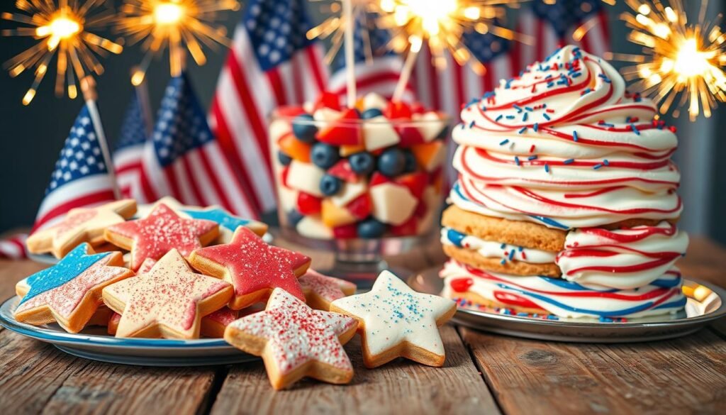Vibrant and festive 4th of July desserts filled with playful charm, presented on a rustic wooden table. In the foreground, a platter of star-shaped shortbread cookies dusted with edible glitter, sparkling like fireworks. Beside it, a trifle with red, white, and blue layers of fruit, whipped cream, and crushed graham crackers. In the middle ground, a layer cake with swirling patriotic buttercream frosting, topped with shimmering sprinkles. In the background, a backdrop of American flags and sparklers, casting a warm, celebratory glow. The overall scene radiates a sense of joy and childlike wonder, perfect for a family-friendly 4th of July dessert spread.