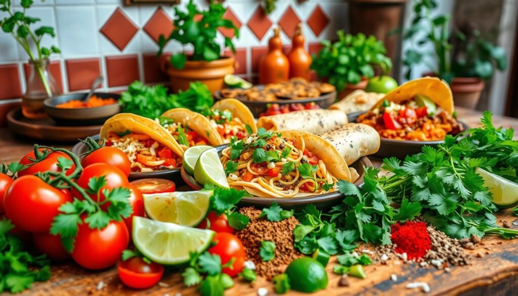 Vibrant and fresh Mexican dishes, bursting with flavor from an array of herbs and spices. In the foreground, a spread of colorful ingredients - ripe tomatoes, fragrant cilantro, tangy lime wedges, and a selection of aromatic spices. In the middle ground, expertly prepared tacos, burritos, and enchiladas, their textures and colors mingling harmoniously. The background features a rustic Mexican-inspired setting, with terracotta tiles, whitewashed walls, and lush foliage providing a warm, authentic ambiance. Soft, directional lighting casts gentle shadows, accentuating the depth and richness of the scene. The overall mood is one of vibrant, healthy, and mouthwatering Mexican cuisine, enticing the viewer to dive in and savor the flavors. Vibrant and fresh Mexican dishes, bursting with flavor from an array of herbs and spices. In the foreground, a spread of colorful ingredients - ripe tomatoes, fragrant cilantro, tangy lime wedges, and a selection of aromatic spices. In the middle ground, expertly prepared tacos, burritos, and enchiladas, their textures and colors mingling harmoniously. The background features a rustic Mexican-inspired setting, with terracotta tiles, whitewashed walls, and lush foliage providing a warm, authentic ambiance. Soft, directional lighting casts gentle shadows, accentuating the depth and richness of the scene. The overall mood is one of vibrant, healthy, and mouthwatering Mexican cuisine, enticing the viewer to dive in and savor the flavors.