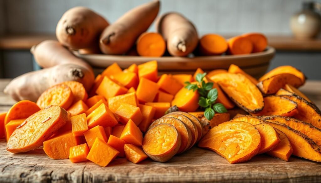 Vibrant and tempting close-up photograph of an assortment of satsumaimo (Japanese sweet potatoes) presented in an appealing manner. The foreground features a variety of cut and prepared satsumaimo displayed on a rustic wooden surface, showcasing their natural texture and rich, deep orange hues. The middle ground includes neatly arranged slices, cubes, and roasted wedges, highlighting the versatility of this nutritious ingredient. The background depicts a minimalist kitchen setting with neutral tones, allowing the vibrant sweet potatoes to take center stage. The lighting is soft and natural, accentuating the warmth and appeal of the dish. The overall composition and styling convey a sense of culinary inspiration and the delicious possibilities of cooking with satsumaimo.