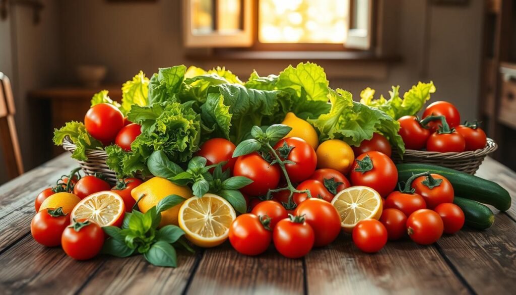 Vibrant array of fresh summer produce, artfully arranged on a rustic wooden table. Juicy tomatoes, crisp lettuce, fragrant basil, and zesty lemon slices create a mouthwatering still life. Soft, warm sunlight filters through an open window, casting a golden glow over the scene. The mood is relaxed and inviting, capturing the essence of summer evenings when simple ingredients come together to create delicious, nourishing meals. High-resolution, detailed photography, using a wide-angle lens to capture the full spread in a natural, uncluttered composition.