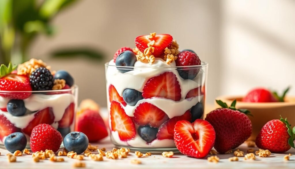 Vibrant breakfast parfaits filled with creamy Greek yogurt, layered with fresh berries, and topped with crunchy granola. A beautiful focal point against a soft, blurred background in warm, natural lighting. The parfaits are arranged artfully, showcasing their textures and colors. The composition emphasizes the parfaits as the central subject, with the surrounding elements complementing but not distracting from the main focus. The overall mood is one of a nourishing, wholesome, and visually appealing vegetarian breakfast. Vibrant breakfast parfaits filled with creamy Greek yogurt, layered with fresh berries, and topped with crunchy granola. A beautiful focal point against a soft, blurred background in warm, natural lighting. The parfaits are arranged artfully, showcasing their textures and colors. The composition emphasizes the parfaits as the central subject, with the surrounding elements complementing but not distracting from the main focus. The overall mood is one of a nourishing, wholesome, and visually appealing vegetarian breakfast.