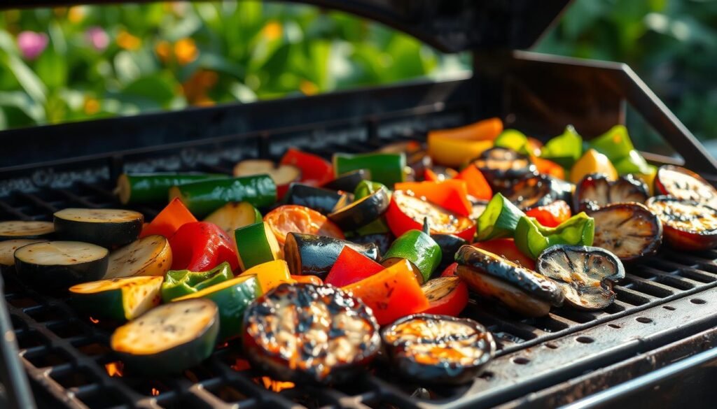 Vibrant grilled vegetables sizzling on a rustic grill grate, with a warm, smoky aroma filling the air. An array of colorful zucchini, bell peppers, eggplant, and portobello mushrooms, each piece caramelized to perfection. The grill casts a warm, golden glow, casting dramatic shadows and highlights across the verdant produce. In the background, a lush, verdant garden or outdoor dining space sets the scene, inviting the viewer to savor these delectable grilled veggie side dishes.