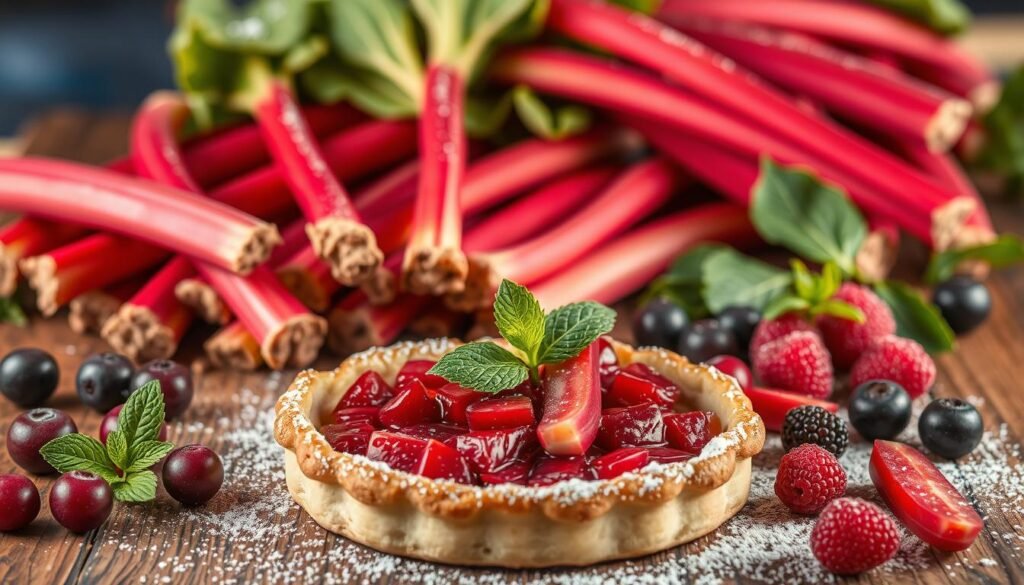 Vibrant rhubarb stalks cascade across a rustic wooden table, their crimson hues illuminated by warm, golden lighting. In the foreground, a delicate pastry crust cradles a luscious rhubarb compote, its tart-sweet flavors bursting forth. Surrounding the centerpiece, an assortment of seasonal berries, fresh mint sprigs, and a dusting of powdered sugar evoke the essence of spring. The scene is captured through a shallow depth of field, drawing the viewer's gaze to the enticing dessert. An aroma of buttery pastry and tangy rhubarb permeates the air, setting the stage for a celebration of this beloved, versatile ingredient. Vibrant rhubarb stalks cascade across a rustic wooden table, their crimson hues illuminated by warm, golden lighting. In the foreground, a delicate pastry crust cradles a luscious rhubarb compote, its tart-sweet flavors bursting forth. Surrounding the centerpiece, an assortment of seasonal berries, fresh mint sprigs, and a dusting of powdered sugar evoke the essence of spring. The scene is captured through a shallow depth of field, drawing the viewer's gaze to the enticing dessert. An aroma of buttery pastry and tangy rhubarb permeates the air, setting the stage for a celebration of this beloved, versatile ingredient.