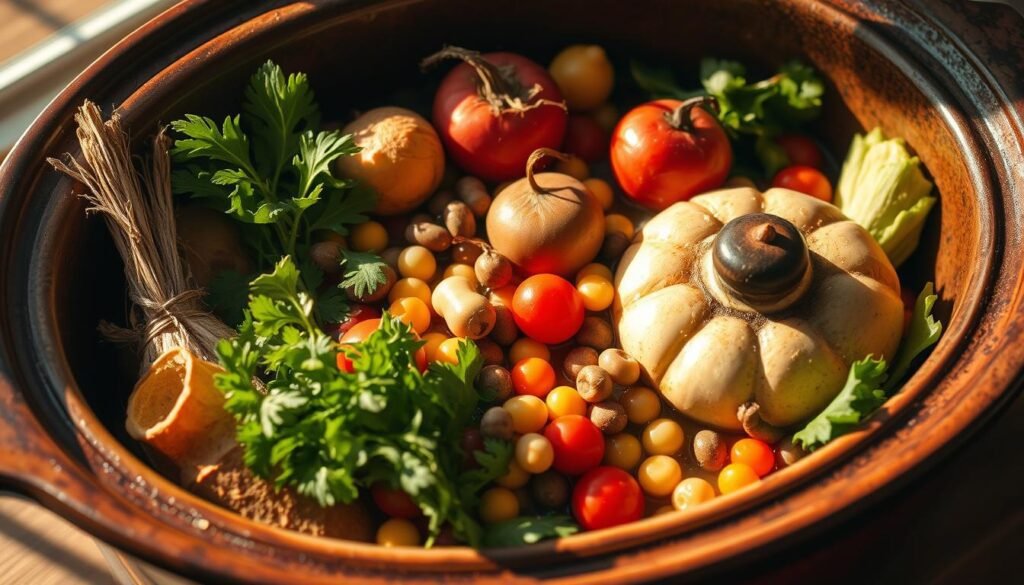 Vibrant seasonal vegetables nestled in a rustic ceramic slow cooker, bathed in warm golden light. Earthy roots, vibrant greens, and colorful legumes simmer together, evoking the bounty of a summer farmer's market. Soft shadows cast by the slow cooker's lid suggest the gentle, nourishing process of slow cooking. The scene exudes a cozy, homemade atmosphere, inviting the viewer to imagine the delicious, wholesome meal about to be served.