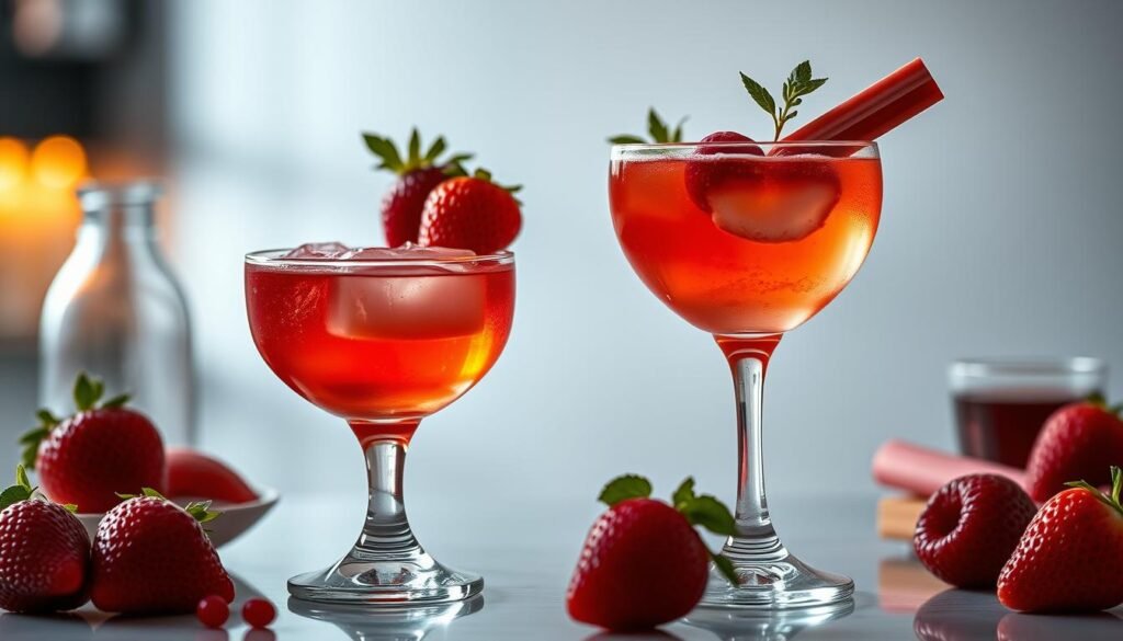 Vibrant strawberry and rhubarb cocktails with modern flair, nestled in a sleek, minimalist setting. Backlit with warm, ambient lighting, casting a soft glow across glossy glassware and clean-lined barware. Elegant garnishes like candied rhubarb, fresh berries, and delicate herbs add pops of color and texture. The compositions balance classic and contemporary, inviting the viewer to explore these creative, flavorful libations. Captured at a dynamic angle, emphasizing the artful blending of ingredients and the overall sophisticated, yet approachable, aesthetic.