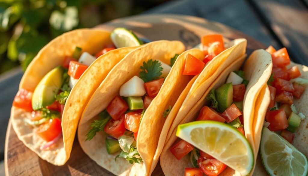 Vibrant summer tacos with fresh, vibrant ingredients spilling out of soft corn tortillas. Close-up view from above, with the tacos filling the frame. Crisp lettuce, juicy tomatoes, creamy avocado, and tangy lime wedges create a mouthwatering display. Warm, natural lighting casts a golden glow, casting shadows that accentuate the textures. The scene exudes a laid-back, alfresco atmosphere perfect for a balmy evening meal. The tacos are the star, with the background softly blurred to keep the focus on the delicious centerpiece.