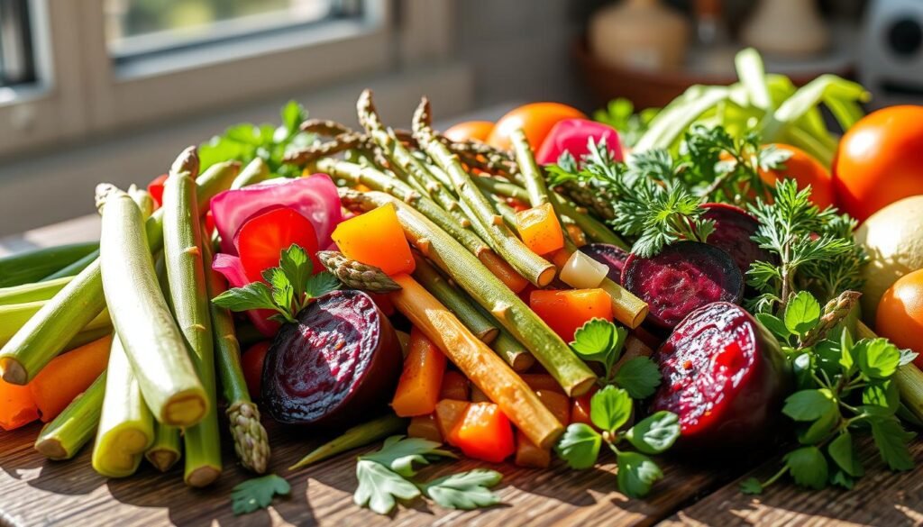 Vibrant vegetable medley in natural sunlight, shot with a wide-angle lens to capture an array of fresh, colorful produce. Crisp zucchini spears, tender asparagus stalks, jewel-toned roasted beets, and fragrant herbs arranged artfully on a rustic wooden table. Soft shadows add depth, while the overall lighting creates a warm, inviting atmosphere. Convey a sense of health, vitality, and culinary delight, inspiring the viewer to savor a nourishing, flavorful side dish.
