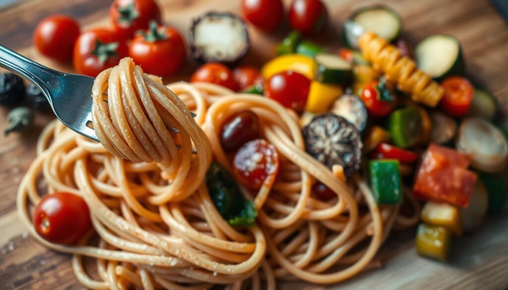 Whole wheat pasta recipes, a vibrant blend of earthy tones and rustic textures. In the foreground, freshly cooked whole wheat linguine, twirled around a fork, glistening with a light olive oil dressing. Alongside, a selection of flavorful tomatoes, sun-dried and cherry, adding pops of crimson. In the middle ground, a scattering of sautéed vegetables - zucchini, bell peppers, and onions - their colors mingling in a harmonious medley. The background features a wooden cutting board, the grain of the wood adding depth and character. Overhead, a warm, natural lighting casts a soft, inviting glow, accentuating the wholesome appeal of this healthy pasta dish.
