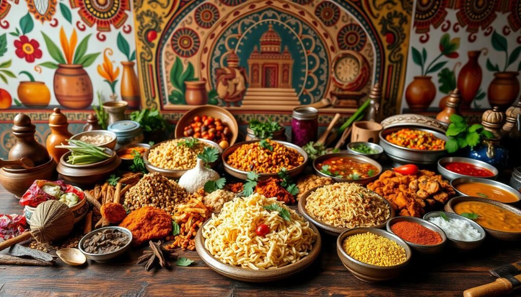 a mouth-watering assortment of traditional Indian cooking specialties, neatly arranged on a rustic wooden table. In the foreground, an array of spices, herbs, and colorful condiments, reflecting the rich diversity of regional Indian cuisine. In the middle, various dishes like curries, biryanis, and dals, each with its distinct aroma and flavor. In the background, a vibrant mural depicting the vibrant cultural tapestry of India, with intricate patterns and warm lighting creating a welcoming ambiance. The scene captures the essence of the "Regional Variations in Indian Cuisine" section, inviting the viewer to explore the depth and richness of this culinary tradition.