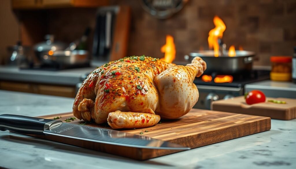a well-lit kitchen counter, a whole chicken being carefully marinated in a vibrant blend of Mexican spices, garlic, and citrus juices, creating a mouth-watering aroma that fills the air. In the foreground, a sharp chef's knife and a wooden cutting board stand ready, hinting at the flavorful preparation to come. In the middle ground, sizzling pans and a stove top with flames dancing beneath them, capturing the sights and sounds of the cooking process. The background is a warm, rustic kitchen, with earthy tones and natural textures that evoke the authentic flavors of Mexican cuisine. a well-lit kitchen counter, a whole chicken being carefully marinated in a vibrant blend of Mexican spices, garlic, and citrus juices, creating a mouth-watering aroma that fills the air. In the foreground, a sharp chef's knife and a wooden cutting board stand ready, hinting at the flavorful preparation to come. In the middle ground, sizzling pans and a stove top with flames dancing beneath them, capturing the sights and sounds of the cooking process. The background is a warm, rustic kitchen, with earthy tones and natural textures that evoke the authentic flavors of Mexican cuisine.