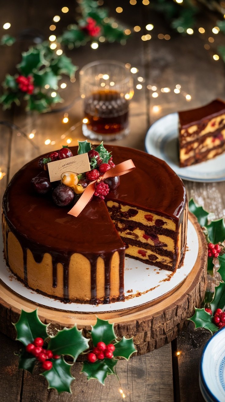 Traditional Jamaican Rum Cake Recipe A traditional Jamaican rum cake with butter rum sauce, festive decorations, and a slice on a plate.