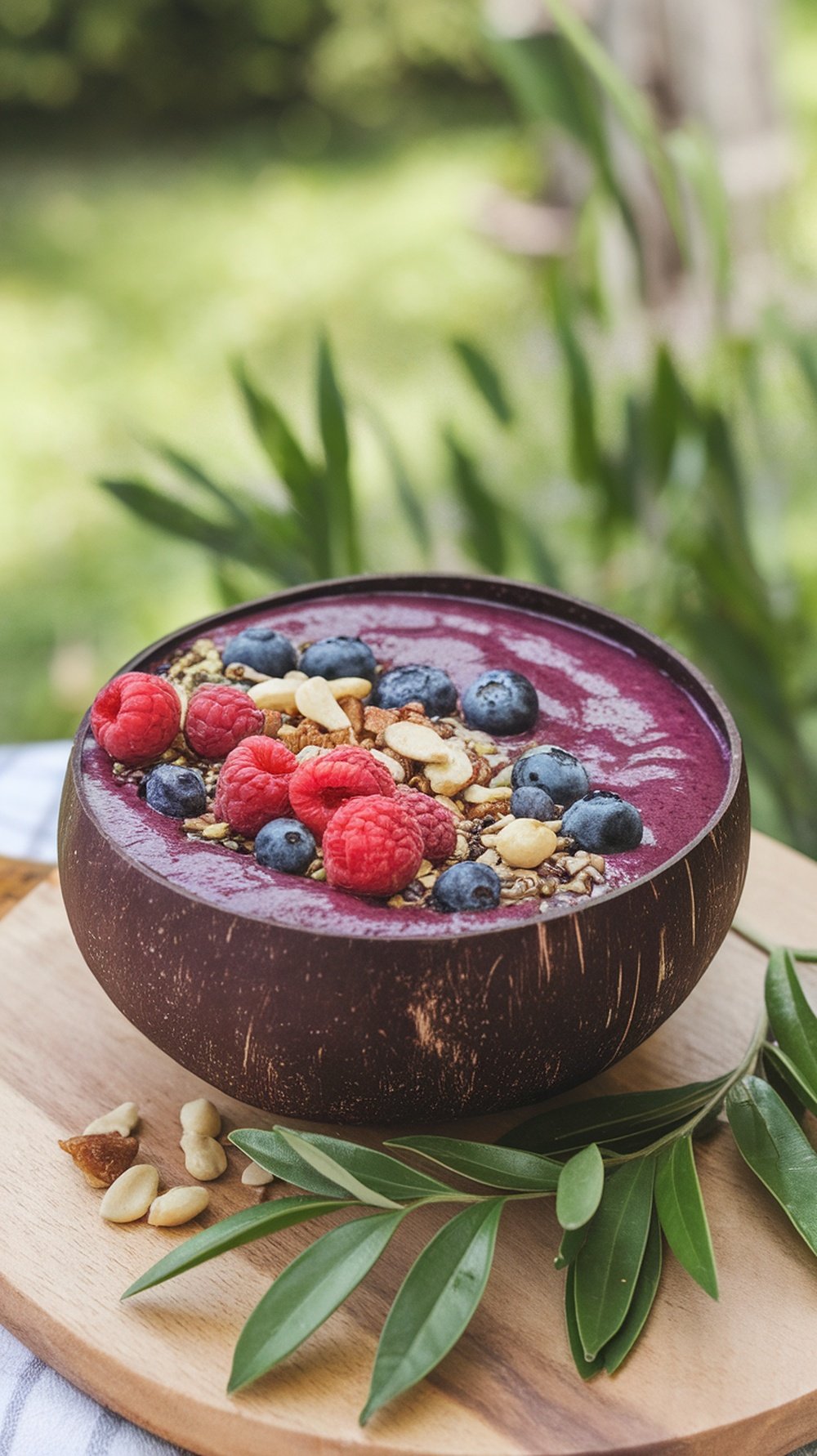 A berry and spinach smoothie bowl topped with raspberries, blueberries, and granola, set on a wooden surface with greenery in the background.